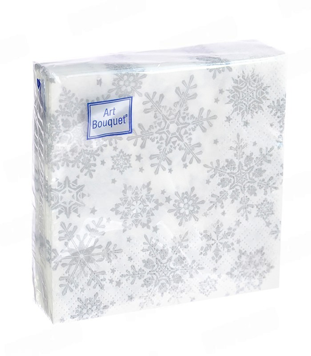 Салфетка бумажная DESNA BOUQUET 20*20 см, 2-сл, упак. 30 листов СЕРЕБРЯНЫЕ СНЕЖИНКИ НОВОГОДНЯЯ