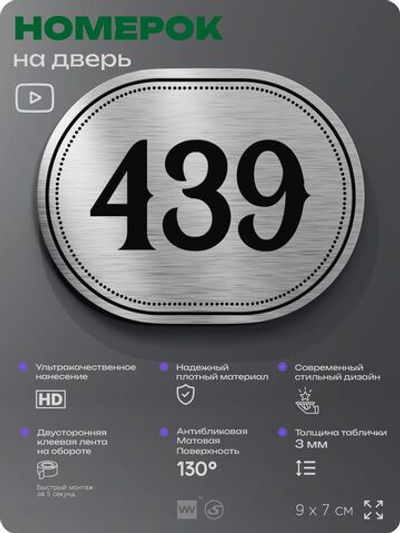 Номерок на дверь квартиры 439, для кабинета, офиса, шильдик 9 х 7 см, брашированная сталь, Айдентика Технолоджи