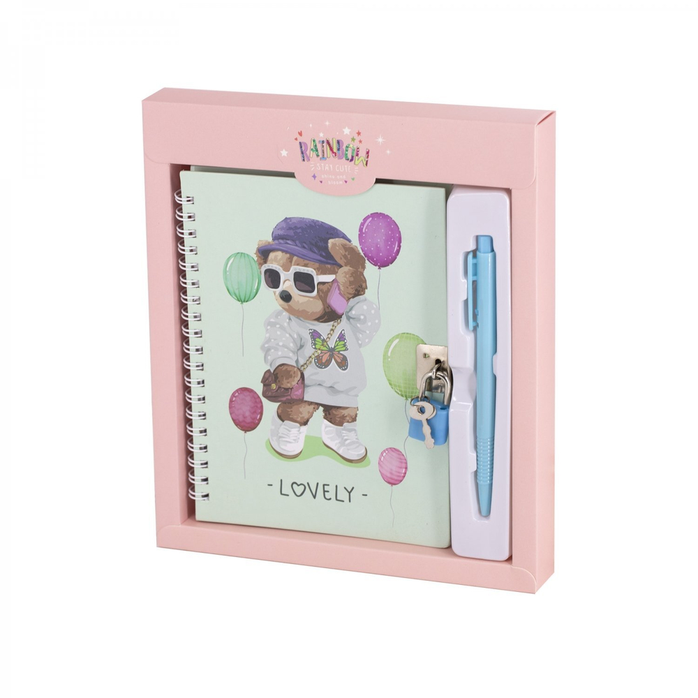 Блокнот в футляре, 17,5 см * 19,5 см, гребень, Alingar, мат.ламин, ручка, замочек, клетка, 46 л., "Мишка-модница", коралловый