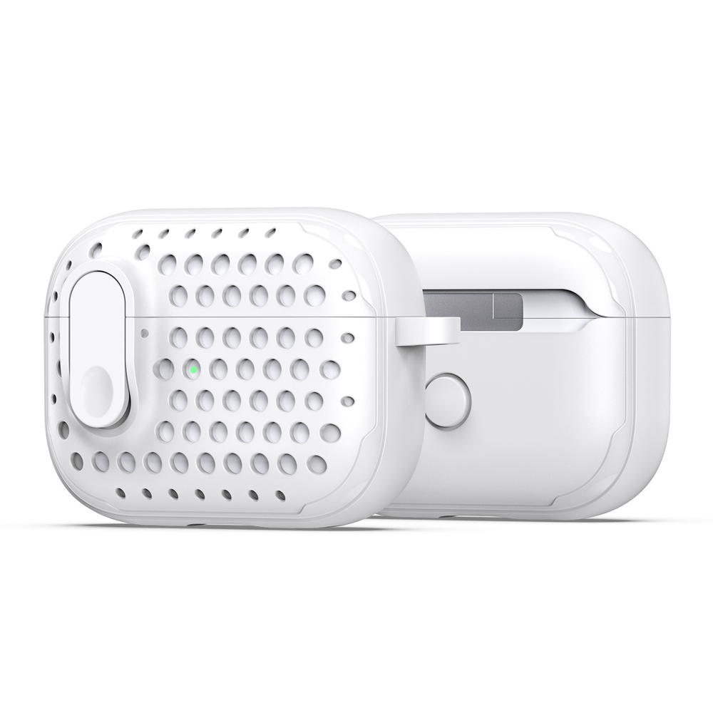 Усиленный чехол белого цвета от Dux Ducis для наушников Airpods Pro 2, серия PECM Series Case, в комплекте с карабином