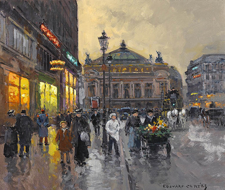 "Оживленный вечер перед парижской оперой", Кортес, Эдуард, картина для интерьера (репродукция)