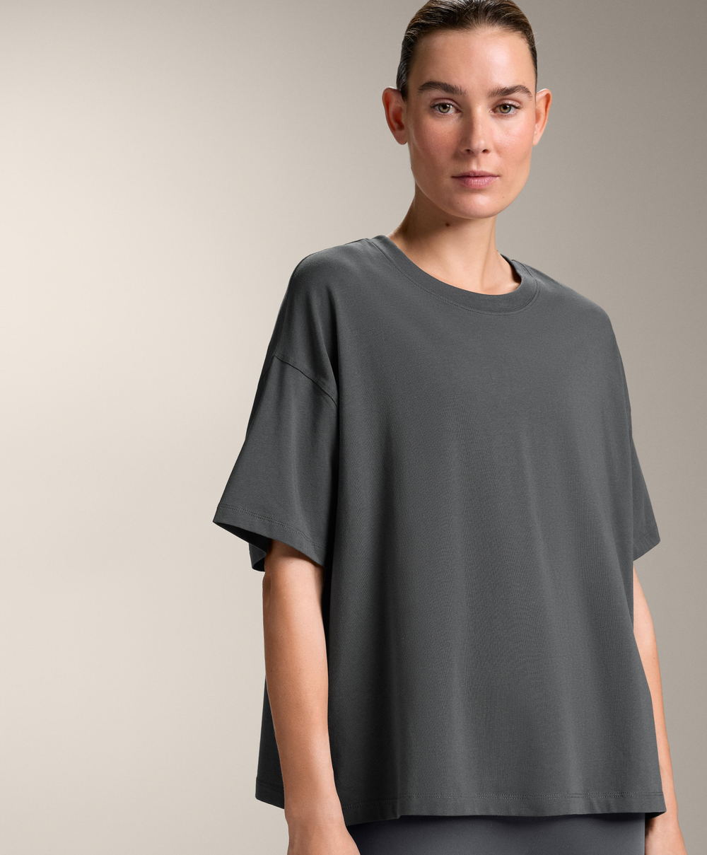 Oysho Футболка с короткими рукавами из смесового хлопка, антрацитовый