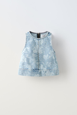 ZARA ДЖИНСОВЫЙ ТОП С ЦВЕТОЧНЫМ УЗОРОМ, СИНИЙ