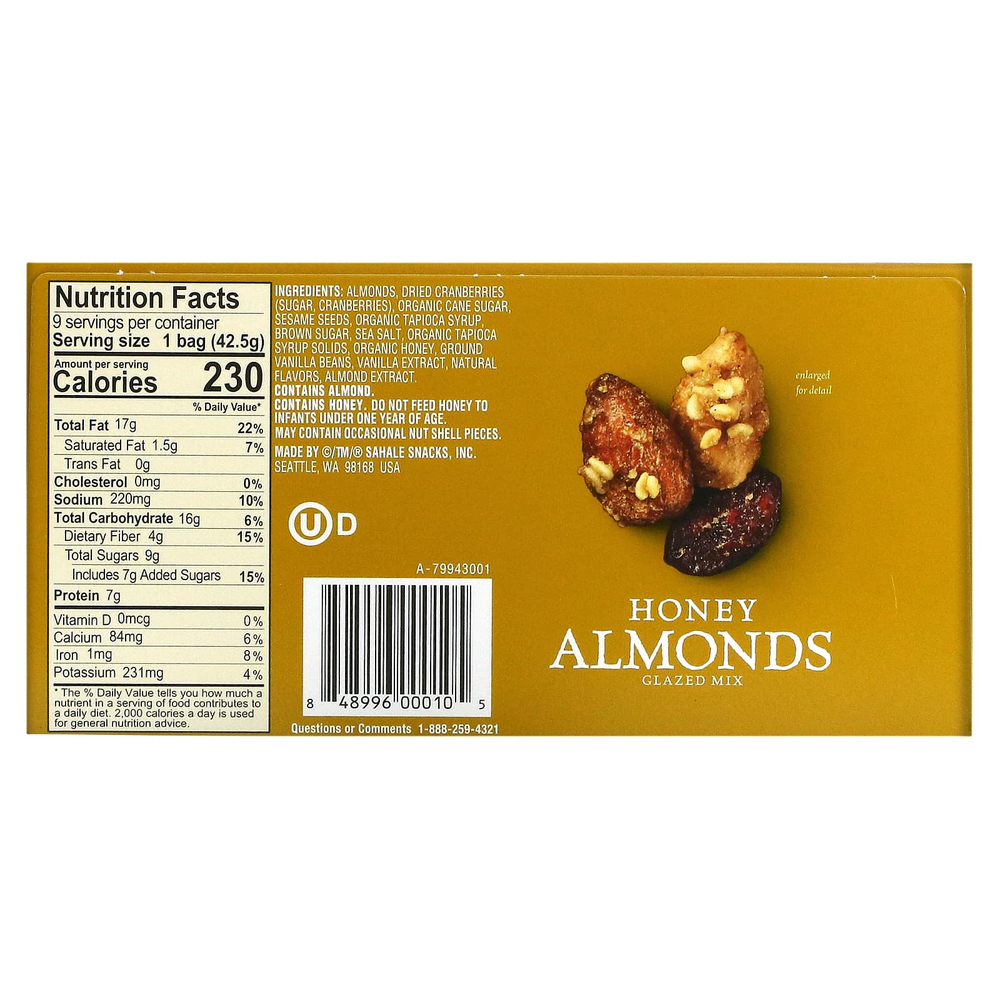 Sahale Snacks, Глазированная смесь, миндаль в меде, 9 пакетиков, 1,5 унции (42,5 г) каждый