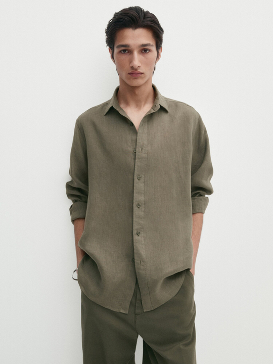Massimo Dutti Рубашка классического кроя из 100% льна, зеленый