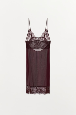 ZARA КОМБИНИРОВАННОЕ МИНИ-ПЛАТЬЕ С КРУЖЕВОМ, ТЕМНО-БОРДОВЫЙ