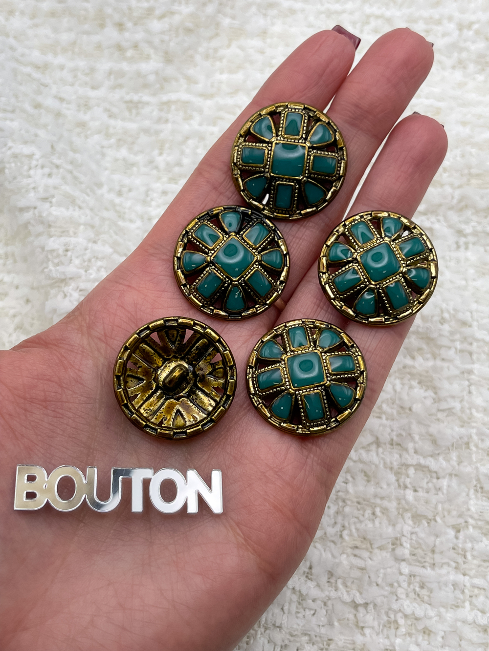 Пуговицы бронзовый металл с бирюзовой (сине-зеленой) эмалью и квадратными деталями