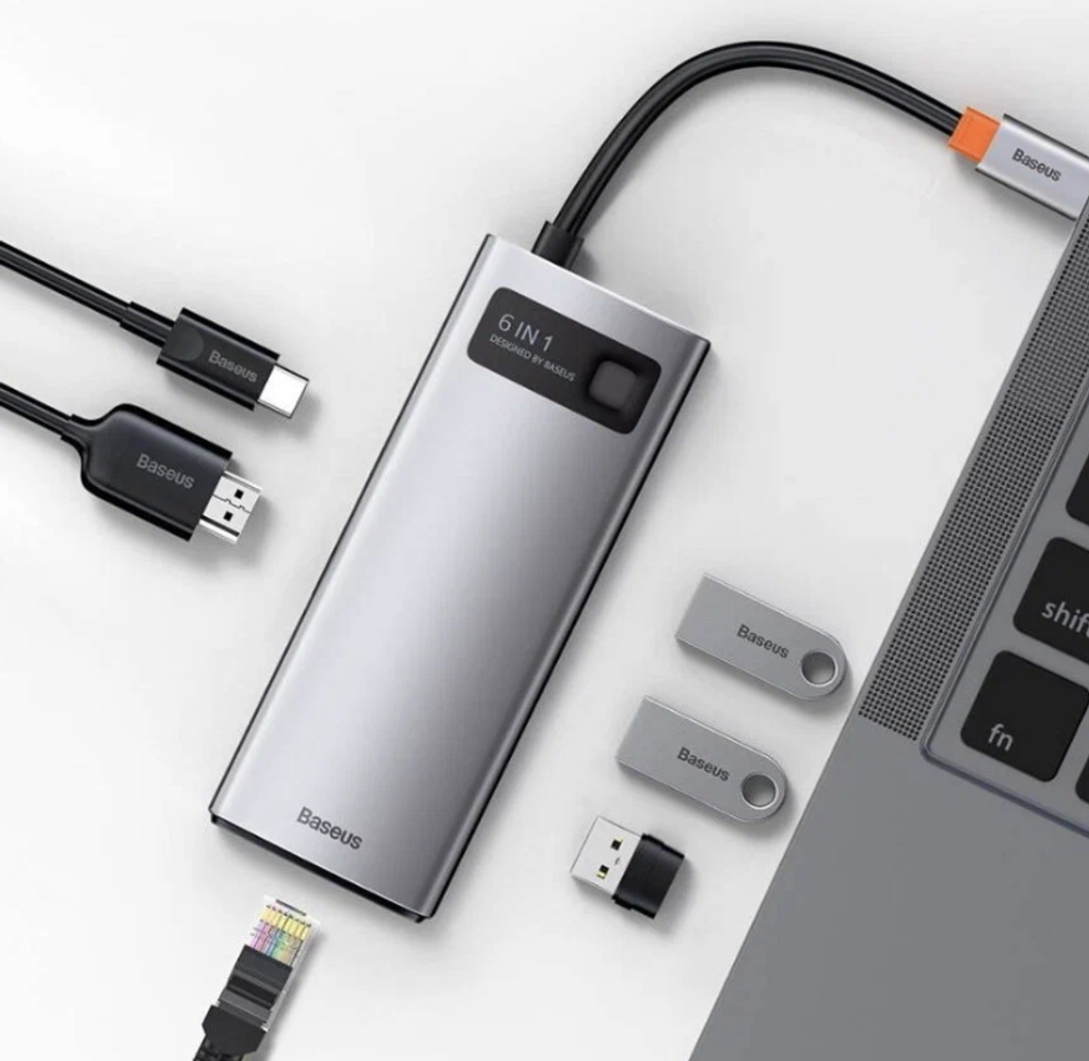 Хаб Type-C Baseus (3xUSB3.0, HDMI, 1xType-C, RJ-45) (CAHUB-CW0G) серый