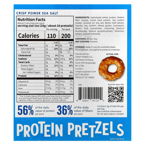 Crisp Power, Протеиновые крендели, морская соль, 6 пакетиков по 50 г (1,75 унции)