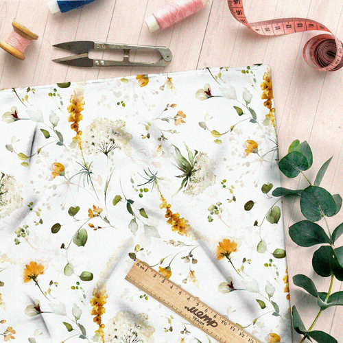 Ткань атлас акварельные полевые цветы на белом фоне
