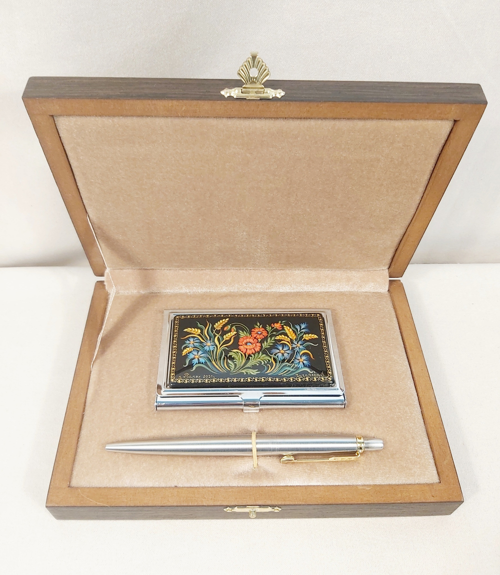 Набор подарочный "Маки с пшеницей" визитница персональная, ручка Паркер