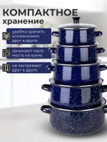 Утяжелённый набор синих эмалированных кастрюль с крышками