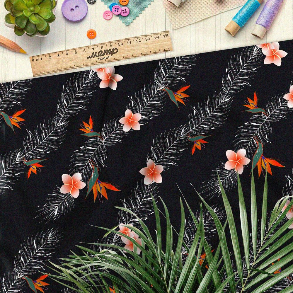 Ткань барби белые водоросли с цветком и кленовым листом