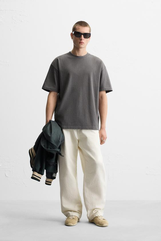 ZARA БАЗОВАЯ ФУТБОЛКА HEAVY WEIGHT, АНТРАЦИТОВО-СЕРЫЙ