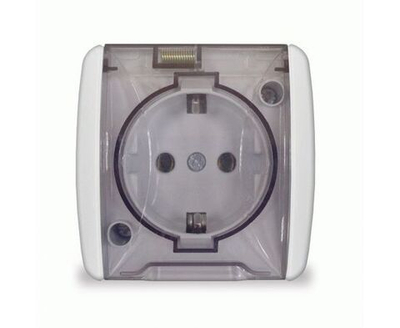 Розетка 1-м ОП Клио 16А IP44 с заземл. с прозр. крышкой бел. UNIVersal К2229