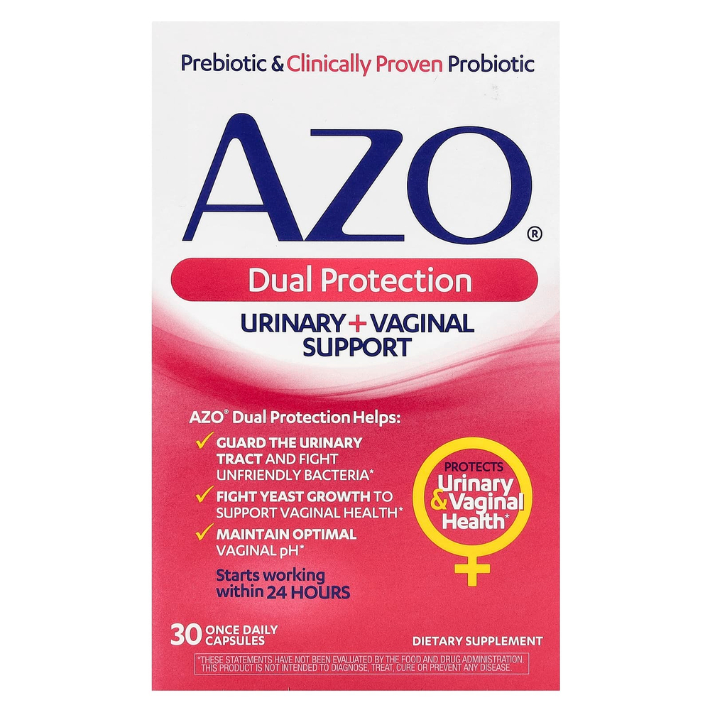 AZO, Dual Protection, поддержка мочеиспускания и влагалища, 30 капсул для приема один раз в день