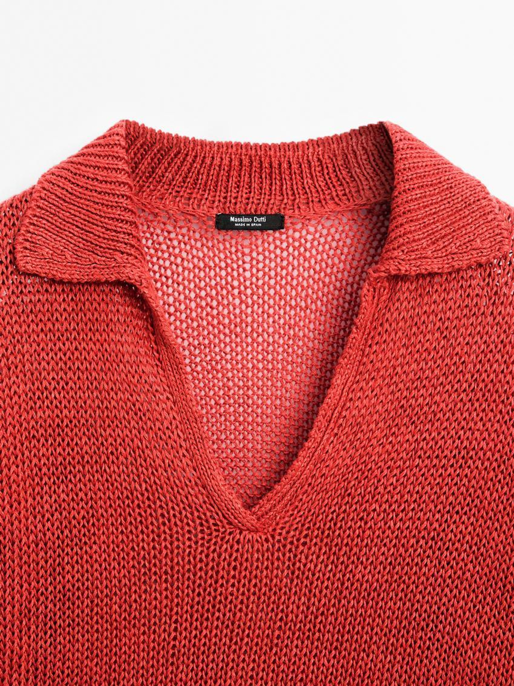 Massimo Dutti Свитер из ажурного трикотажа с воротником-поло - Studio, терракотовый