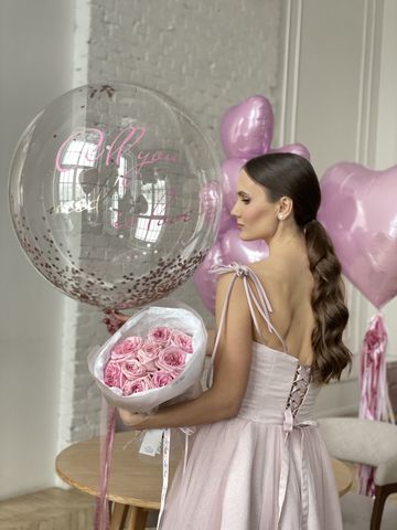 Воздушный шар конфетти розовый и фонтан сердец