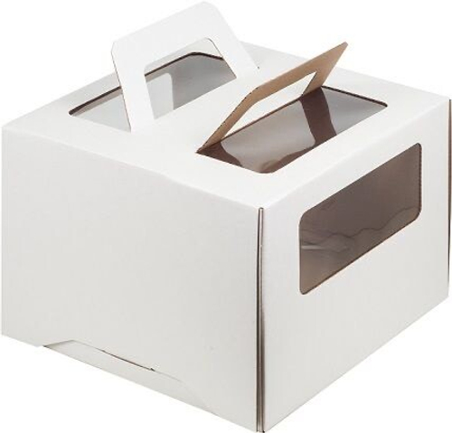 Коробка для торта с ручкой и окном гофрокартон 260*260*200 мм (белая)