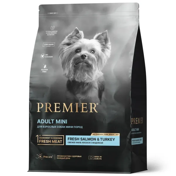 Сухой корм Premier Dog Salmon&Turkey Adult Mini для собак мелких пород из свежего филе лосося с индейкой