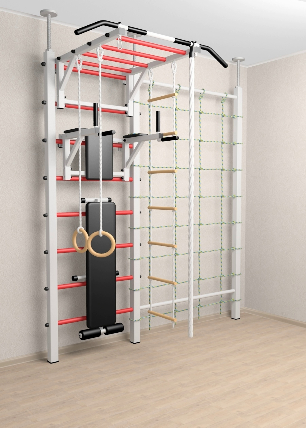 Шведская стенка Sv Sport враспор (Турник рукоход/Брусья/Скамья/Канат/Kольца/Лестница/Канатный лаз/Сетка)