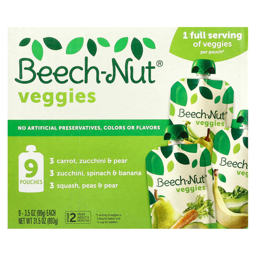 Beech-Nut, овощи, для детей от 6 месяцев, набор разных вкусов, 9 паучей по 99 г (3,5 унции)