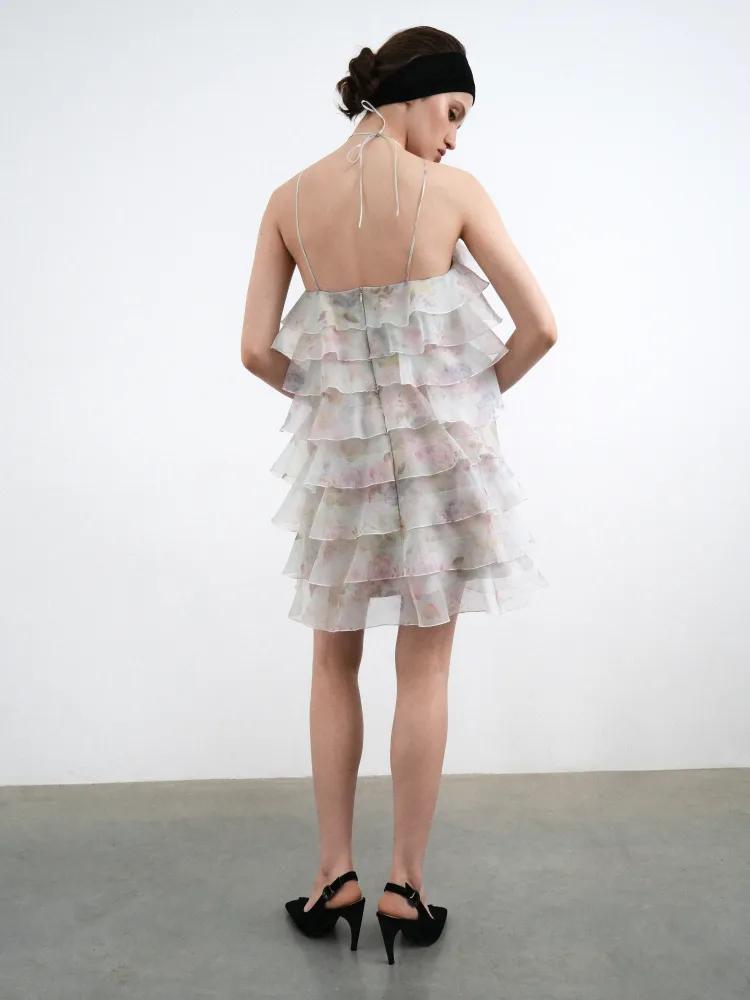 Далия мини (Dahlia mini), платье мини из голубой органзы с цветочным принтом 