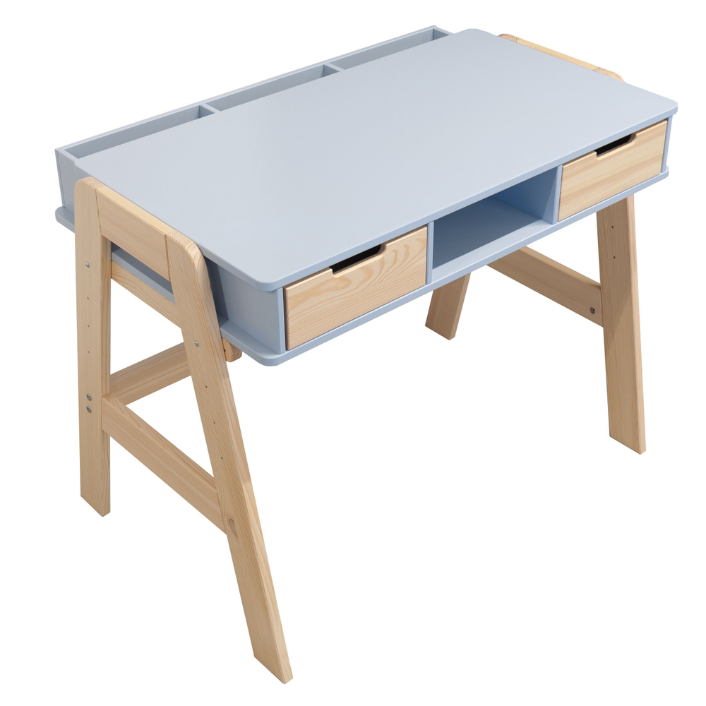 Письменный стол Чек для школьника 94х64х75 см, многоуровневая парта с 2 ящиками на ножках из массива сосны, МДФ синий