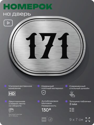 Номерок на дверь квартиры 171, для кабинета, офиса, шильдик 9 х 7 см, серебристый, Айдентика Технолоджи