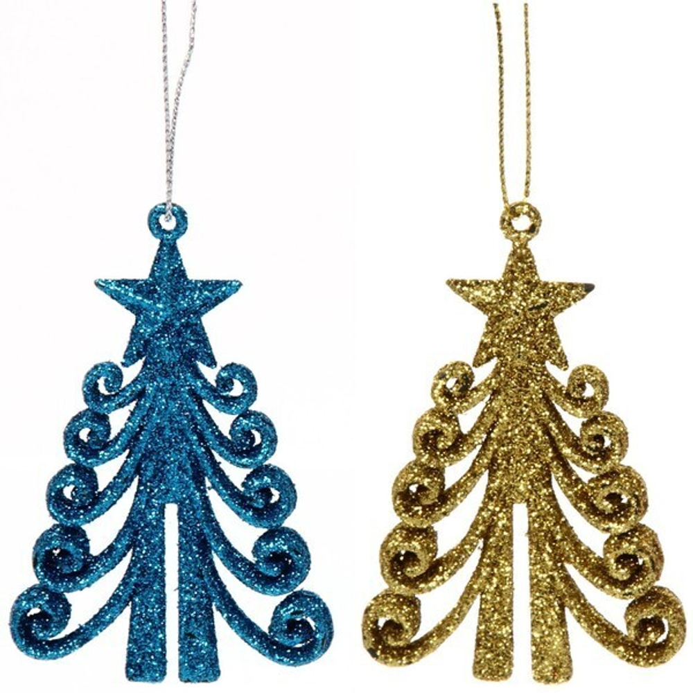 Подвески в блестках «Елочка кудрявая» 7 см (набор 2шт), синий/золото