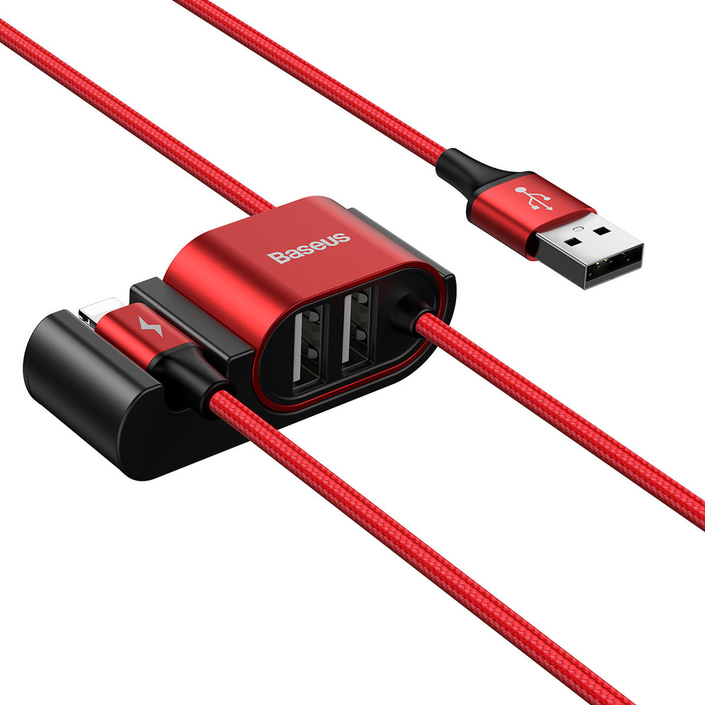 Автомобильный кабель + USB Хаб Baseus Special Data Cable for Backseat (USB to iP+Dual USB) - Red