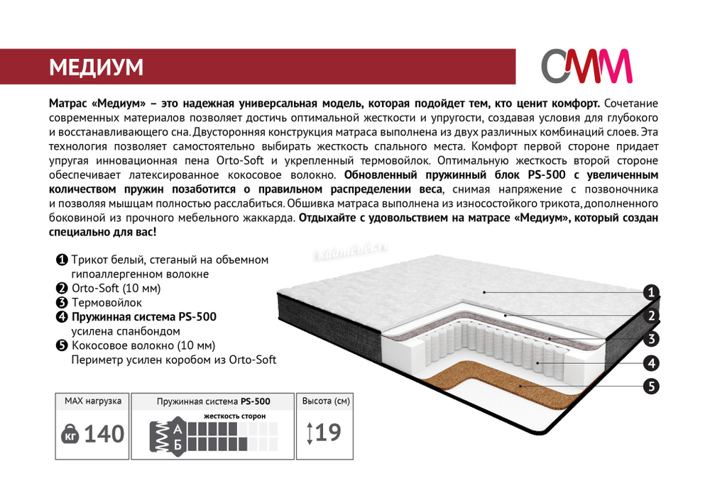 Матрас Медиум 1400*2000 ПС500 Мелодия Сна