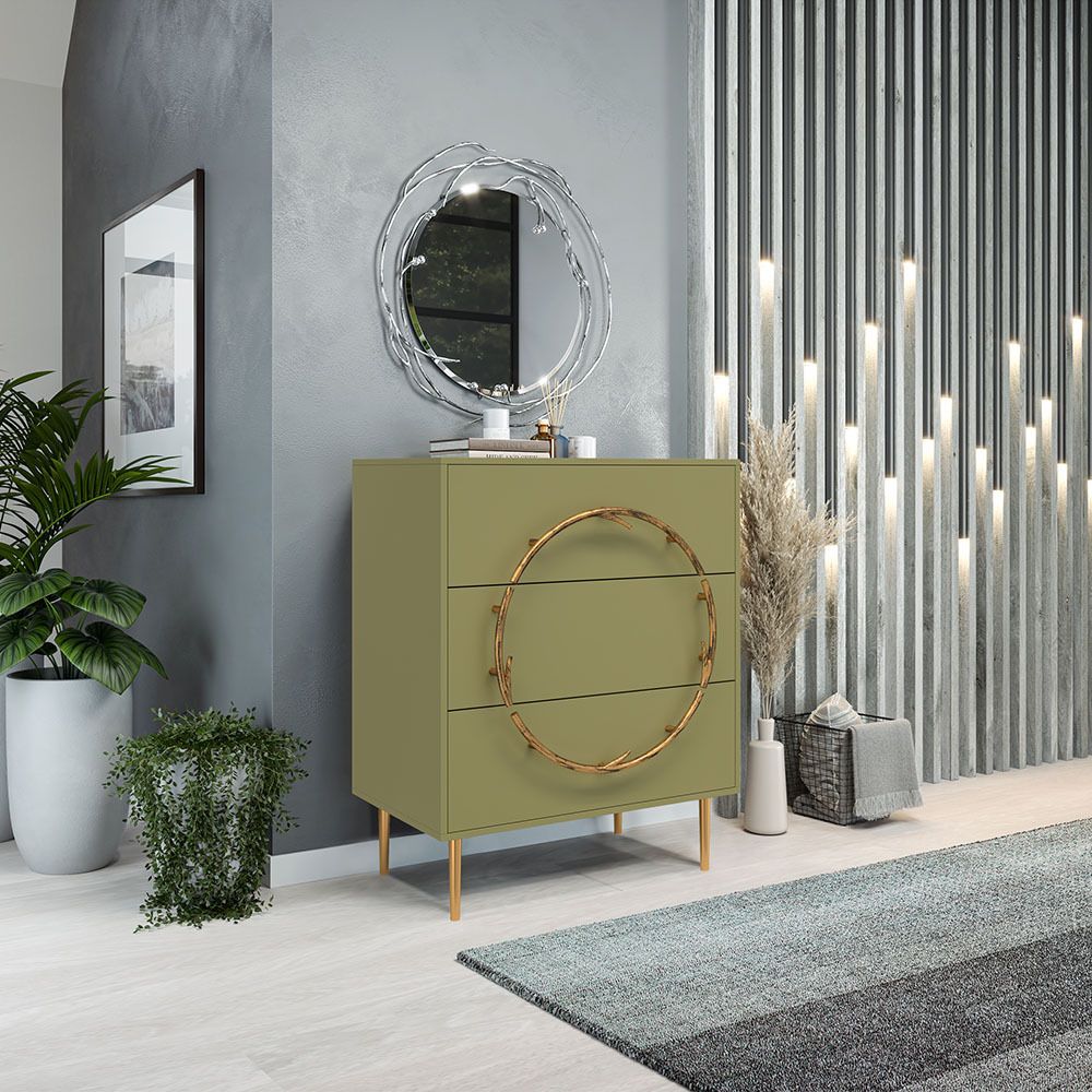 Комод Арт Колор matte Стайл Голд с 3 ящиками Зеленая олива матовая