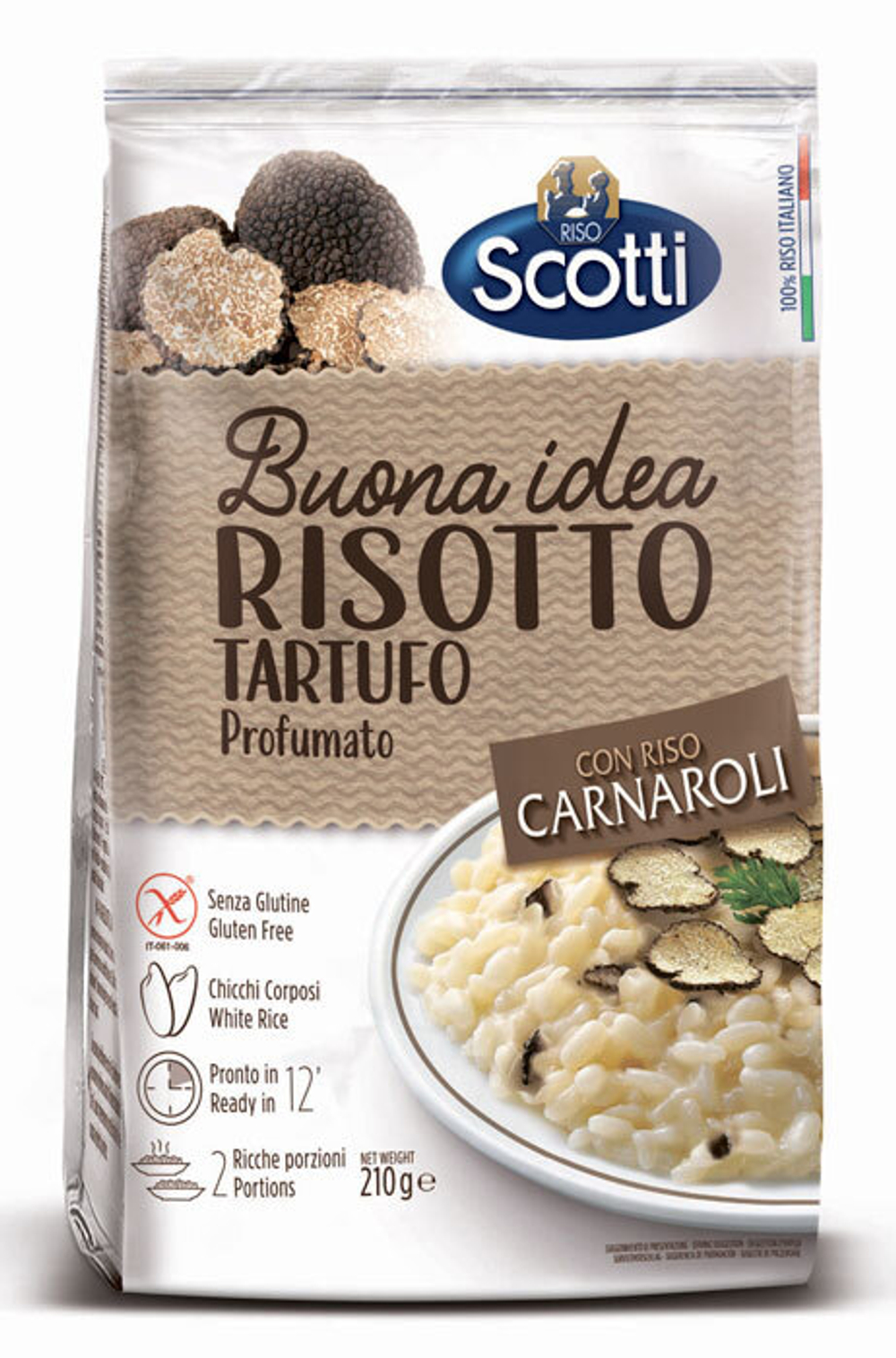 Рис белый Карнароли, Ризотто с трюфелем Riso Scotti Risotto Tartufo 210 г, крупа без глютена, готовый гарнир и блюдо, итальянские продукты
