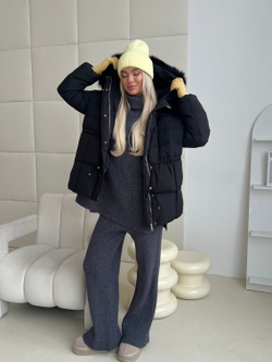 Пуховик Fresh миди с кулиской черный