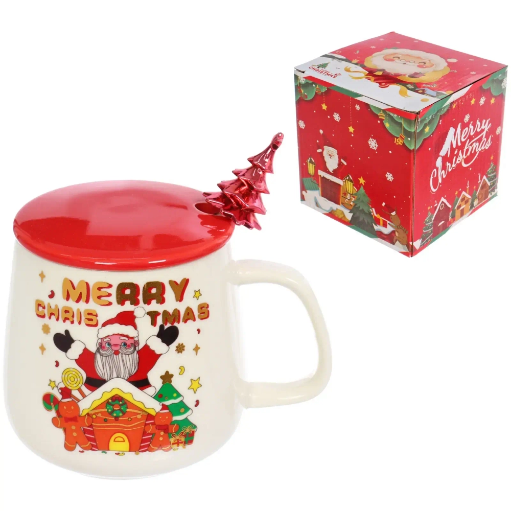 Кружка керамическая 400мл «Новогодние чудеса» с крышкой и ложкой