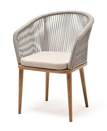 "Марсель" стул плетеный из роупа, основание дуб, роуп серый меланж круглый, ткань бежевая 052