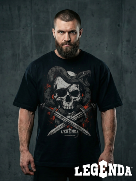 Футболка оверсайз хлопковая черная LEGENDA Весёлый Роджер (красный фон)