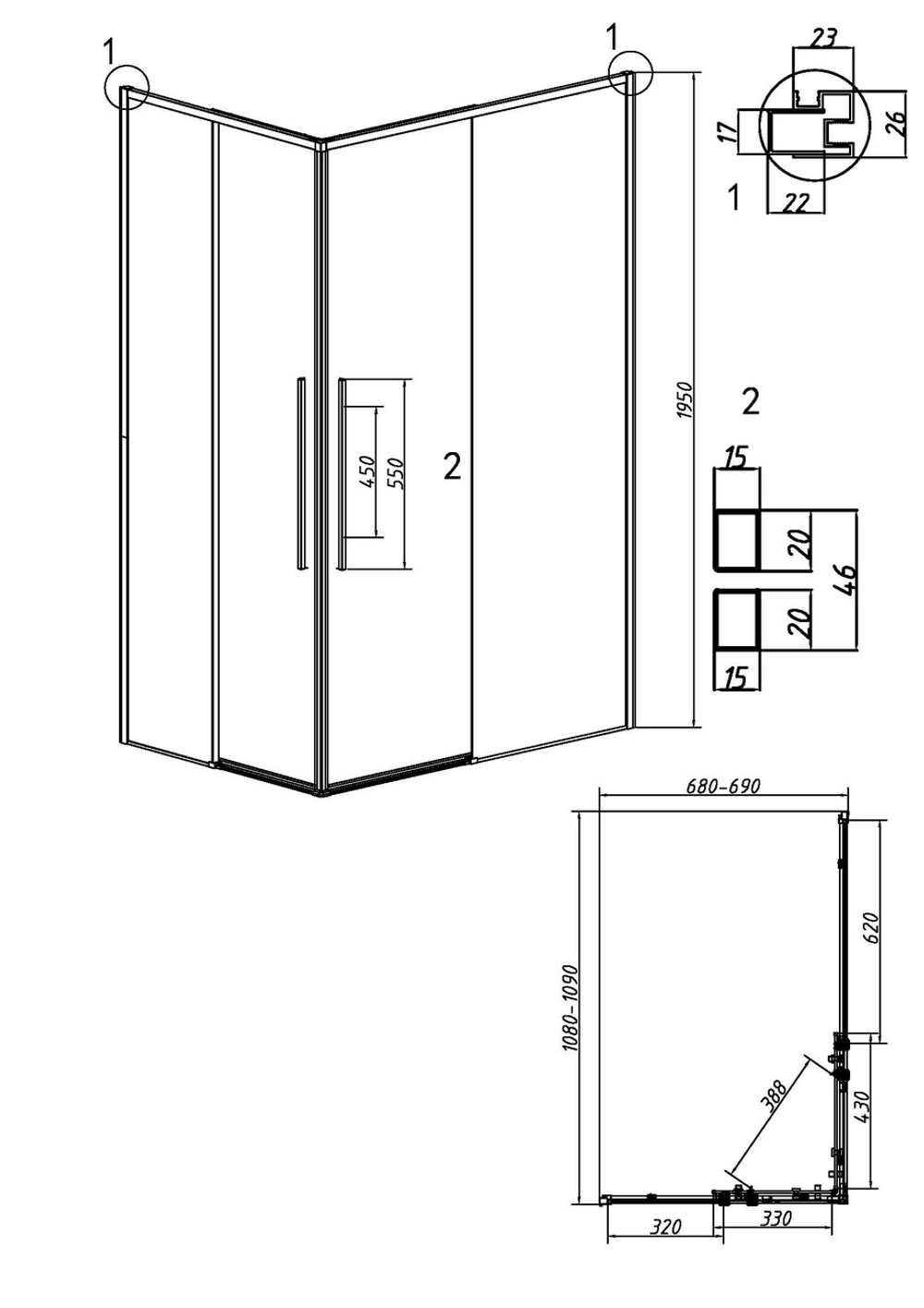 Душевое ограждение Grossman Galaxy 1/2.K33.01.11.42.00-1/2.K33.01.70.42.00 (110х70х195) раздвижная,графит сатин,стекло прозрачное,2 места