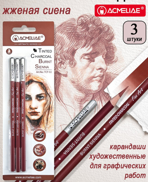 Карандаш-уголь АКМЕЛИЯ 3 шт. жженая сиена (TCP-02)
