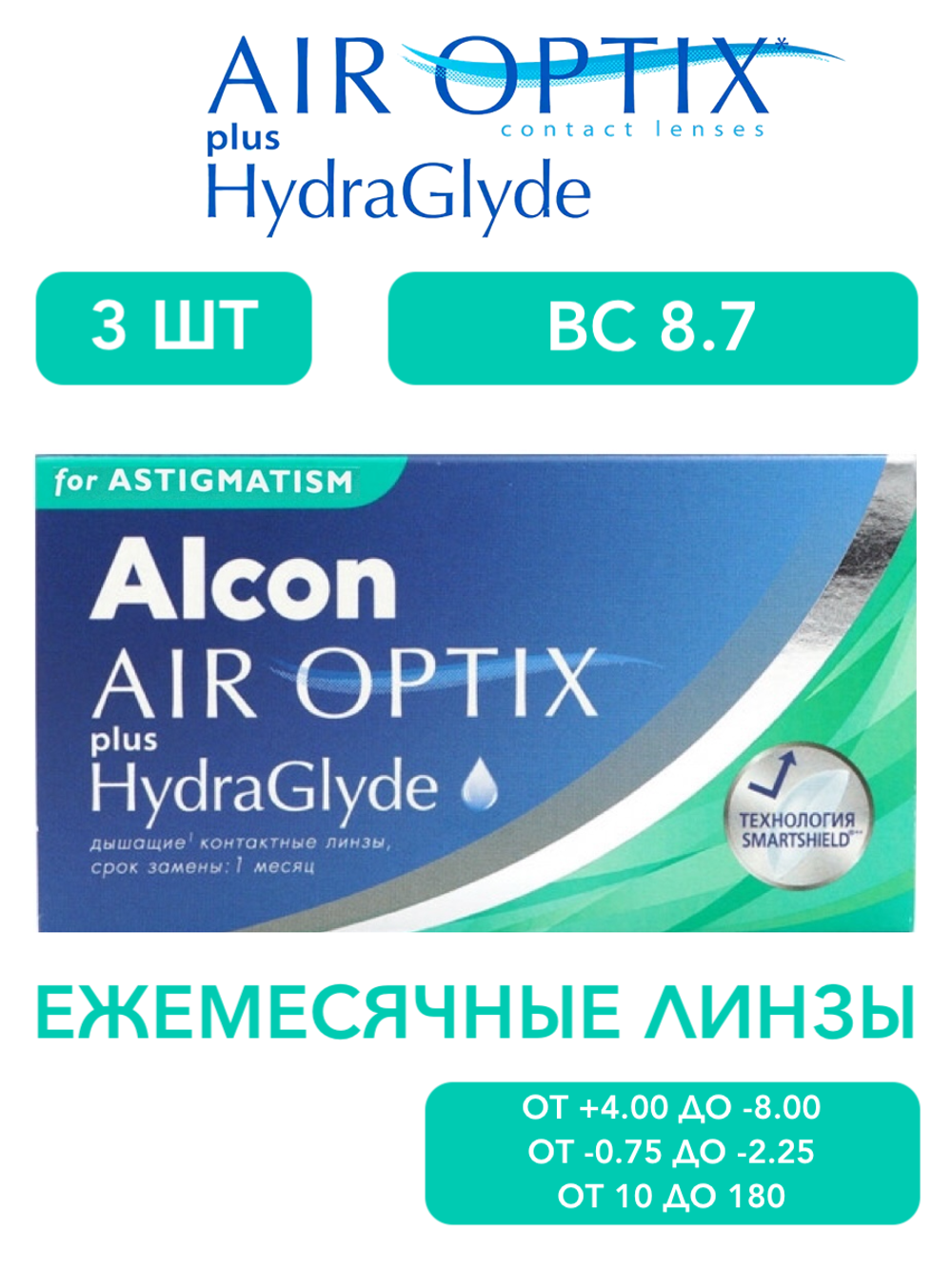 Ежемесячные астигматические контактные линзы Air Optix For Astigmatism plus HydraGlyde (уп. 3 линзы)