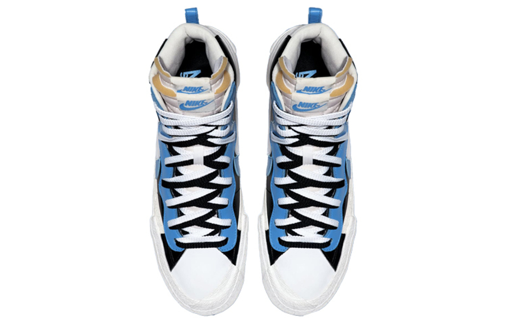 Sacai x Nike Blazer black blue deconstructed mid-top sneakers for men and women with the same white and blue