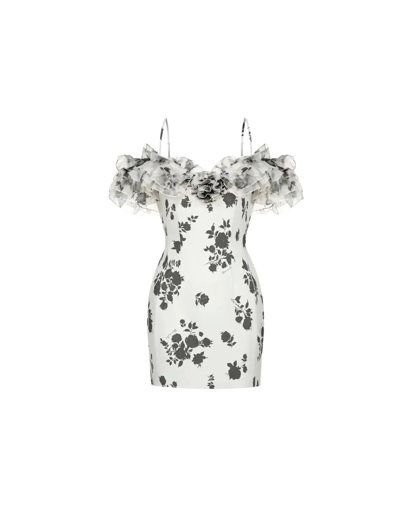 Мэй мини (May mini), платье мини из молочной органзы с цветочным принтом, с рюшами и розой