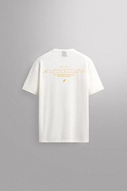 ZARA ФУТБОЛКА ИЗ ЛЬНА И ХЛОПКА С ПРИНТОМ, ЖЕЛТОВАТО-БЕЛЫЙ