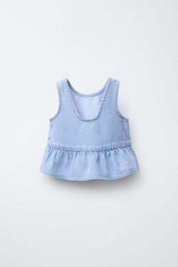 ZARA ДЖИНСОВЫЙ ТОП С ВОЛАНОМ, ГОЛУБОЙ