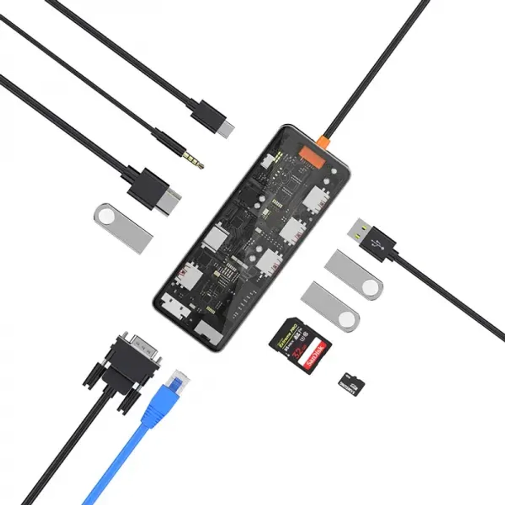 Адаптер Wiwu Cyber HUB USB-C 11 в 1 на 3xUSB 3.0/USB 2.0/SD/TF (2.0)/HDMI/RJ45/VGA/PD/Audio (CB011) (Gray)
