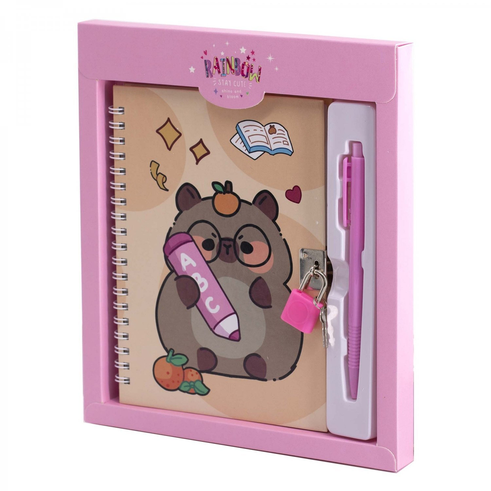 Блокнот в футляре, 19,5 см * 22 см, гребень, Alingar, ламин, ручка, замочек, клетка, 46 л., "Капибара-ученик", розовый