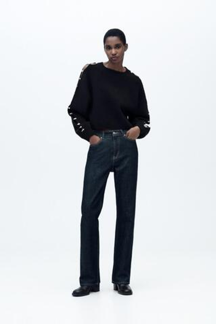 ZARA СВИТЕР С БУСИНАМИ НА РУКАВАХ, ЧЕРНЫЙ