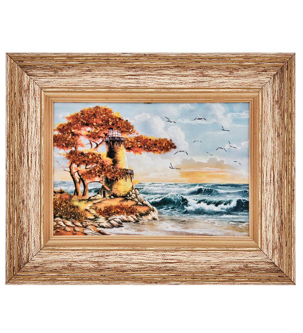AMB-01/25 Картина «Маяк надежды» (с янтарной крошкой) пласт.рамка 33х42см