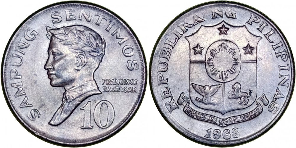 Филиппины 10 сентимо, 1967 - 1974 Франсиско Балагтас XF